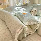 Korean Princess Style Floral Prints Ruffles Bedding Set Double Layer Yarn 100% Cotton Duvet Cover Pillowcases Bed Sheet 4Pcs