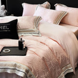 Pink Jacquard Bedding Sets Luxury Satin Cotton Embroidery Duvet Cover Fitted Bed Sheet Pillowcases Home Textile