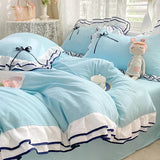 Korean Princess White Bedding Set For Women Double Ruffle Lace Duvet Cover Full Queen Solid Color Comfortable Falt Bed Sheet Set