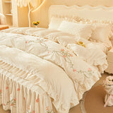 Luxury Winter Thickened Velvet Rose Flowers Embroidery Bedding Set Ruffles Duvet Cover, Quilted Bedspread, Bed Skirt, Pillowcase