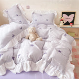 French Princess Lace Ruffles Bedding Set Washed Cotton Skin-friendly Duvet Cover Set with Sheet Soft Printed Flowers Quilt Cover