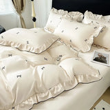 Korean Pink Heart Duvet Cover Sets For Girls New Blue Dot Ruffles Bedding Sets 4PCS Queen Size for Bedroom Guest Room