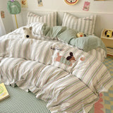 Cute Cartoon Embroidery Stripe Bedding Set Washed Cotton Soft Four Piece Sets Pillowcase Duvet Cover Set 200x230cm Home Textiles