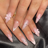 24pcs Valentine French False Nails Wine Red Heart-shaped Bow Fake Nails with Diamond Decors Press on Nails Full Cover Wearable