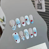 10pcs Sweet Summer Almond False Nail Cute 3D Fruit Strawberry Stick on Nails Mini Flower Fake Nails French Pearls Press on Nails