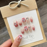 10Pcs Handmade Press on Nails Full Cover Elegant Design French Ballerina Cute Pink False Nails Wearable Manicure Nail Tips Art