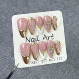 10Pcs French Press on Nails Almond Handmade Fake Nails Gradient Diamond Pearl False Nails Set Vintage Acrylic Nail Art for Girls