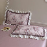 500TC Egyptian Cotton Vintage French Rose Flowers Print Ruffles Bedding Set Duvet Cover Flat/Fitted Bed Sheet Pillowcases 4Pcs