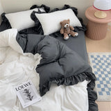 Princess Style Bedding Set Soft Solid Color Ruffle Duvet Cover Set Comforter Pillowcase Bed Sheet Washed Cotton Four Pieces Set
