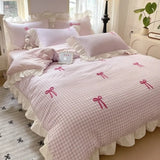 2025 spring and summer new Korean lace bow four-piece princess style lace washed cotton girl heart pink