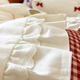 100% Cotton Korean Princess Style Bow Plaid Lace Ruffles Patchwork Bedding Set Duvet Cover Set Bed Skirt Bedspread Pillowcases
