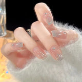 24Pcs Nude Pink Nail Tips Short Round Head False Nails with Design Wearable Finished Fake Nails Full Cover Press on Nails