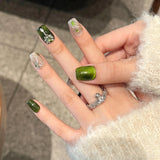Press On Acyrlic Nails Handmade Green Cat's Eye Square Nails With Glitter Diamond Decor Phototherapy Short False Nails Ballet