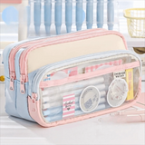 Color-Block Pen Bag Multi-Compartment Transparent Pocket Pencil Case Large Capacity with Zipper Multi-layer Pen Pouch