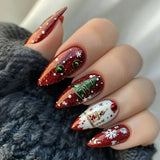 24pcs Round Head Almond False Nails Christmas Glitter Red Full Cover Nail Tips Fashion Snowflake Design Long Press on Fake Nails
