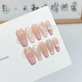 10Pcs Pink Handmade Press on Nails Full Cover Pearl Light Cat Eye Design French Sweet Bow Tiw False Nail Tips Wearable Manicure