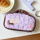 Quilted Pencil Case with Star and Polka Dot Appliques, Heart-Shaped Buttons, Large Capacity Student Stationery Bag, Dual-Use Mak