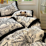 Korean Black White Hepburn Style Bedding Sets Ultra Soft Breathable Duvet Cover Set with Black Lace Fitted Sheet Set for Adults