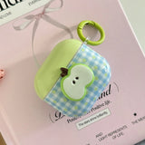 Cartoon Cute Green Apple DIY Grid Pattern Silicone Earphone Case For AirPods 1 2 3 4 Pro 2 Soft Protection Cover With Keychain