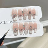 10Pcs Handmade Press on Nails Full Cover Bow Tie Design Rhinestone French Ballet Cat Eye False Nails Manicure Wearable Nail Tips