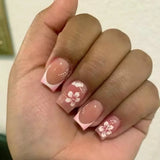 24Pcs Flower Fake Nails Pink French Tip Press on Nails Short Square Wearable False Nail for Women DIY Wearable Artificial Nails