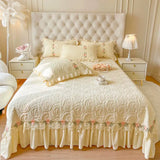Luxury Velvet Fleece Flowers Lace Ruffles Quilted Bedspread, Mattress Cover, Bed Skirt, Bed Sheet Set, With Pillowcases, 3Pcs