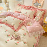 Pink Korean Princess Bedding Set No Filling Cute Strawberry Duvet Cover Checkerboard Single Queen Size Bed Linen Pillowcases