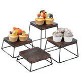 Set of 4 Wood Buffet Risers, Square Retail Food Display Risers for Party, Burnt Wood & Black Metal Wire Pizza Stands for Serving