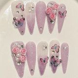 Handmade Press On Nails Full Glitter False Nails 3D Butterfly Rose Flower Decor Charming Purple Gradient Fake Nails Long Almond