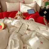 Ins Cream Style Bedding Set Red Embroidery Bow Triangular Needle Stitching Double-layer Yarn Soft Comfortable Bedroom Decoration