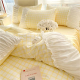 Korean Style Princess Bedding Set Luxury Pink Lattice Duvet Cover Ruffles Lace Bedspread Bed Sheet Pillowcases