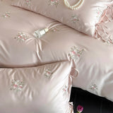 Pink Flowers Embroidery Bedding Set Egyptian Cotton Single Queen King Size Duvet Cover Flat/Fitted Bed Sheet Pillowcases 3/4Pc