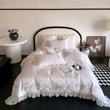 Chic Flower Embroidery Ruffles Princess Bedding Set 1000TC Egyptian Cotton Duvet Cover Flat/Fitted Bed Sheet Pillowcases 4Pcs