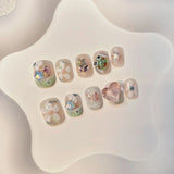10Pcs Pink Cute Handmade Press on Nails Full Cover Bear Rhinestone Summer French Short False Nails Wearable Manicure Nail Tips