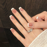 10Pcs Sweet Heart Nail Glitter Diamond Fake Nails Cute French Short Square Press on Nails Cat Eye Pearl Fake Nails Nude Natural