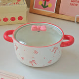3Pcs Bow Ceramic Instant Noodle Bowl with Lid, High-Looking Double-Ear Instant Noodle Bowl with Lid and Large Capacity, Pink Girly Heart Ceramic Bowl for Home Daily Use, Party, Office Instant Noodle Bowl, Outdoor Camping Styl
