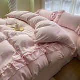 Ins Princess Bedding Set Double Layer Lace Simple Solid Duvet Cover Soft Wash Cotton 4pcs For Girl Spring Home Textiles