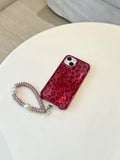 Ripple Texture Red Leo Prints Telephone Line Wrist Chain Case for iPhone 15 14 13 Pro Max Back Phone Cover for 12 Pro Capa