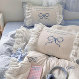 Korean Princess Style Lace Ruffles Plaid Patchwork Bow Embroidery 100% Cotton Bedding Set Duvet Covers Bed Sheet Pillowcases