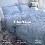 INS Girl Blue Bedding Sets Solid Color Seersucker Ruffles Lace  Kawaii Soft Sheet Woman Duvet Cover Pillow Covers Quilt Cover