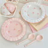 6Pcs Bow Ceramic Set, Cute Food Bowl and Plate Combination Rice Bowl, Household Plate and Spoon, Suitable for Daily Use, Office Meal, Breakfast Rice Bowl and Spoon, Student Dormitory Meal, Travel and Business Trip, Outdoor Pi