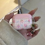 Sweet Pink Strawberry Grid  Pattern Cute Transparent Fruit Pendant Earphone Protection Case For AirPods 1 2 3 4 Pro 2 Soft Cover