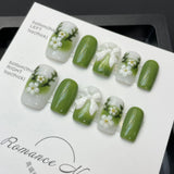 10pcs Green Blush Gradient Fake Nails Handmade Press On Nails With Cute Flower Bowknot Decor Sweet Spring Square Head False Nail