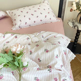 Floral Bedding Set Lace Trim Simple Fresh Elegant Flat Fitted Sheet With Pillowcases Soft Washed Cotton For Women Girl Gift