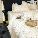 3pcs  Korean lace Duvet Cover Set (1*Duvet Cover + 2*Pillowcase, Without Core), Black dot print print Bedding Set