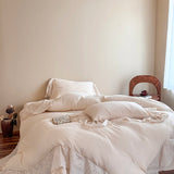 Vintage French Lace Embroidery Bedding Set 100% Cotton Wrinkled Yarn Soft Duvet Cover Set Flat/Fitted Bed Sheet Pillowcases 4Pcs