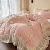 Carved Velvet Double Layer Lace Ruffles Bow Princess Bedding Set Winter Warm Duvet Cover Flat Bed Sheet Pillowcases 4Pcs