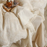 Cotton and Linen Vintage Hollow Lace Edge Bedding Set Queen King Size Duvet Cover Set Flat/Fitted Bed Sheet Pillowcases 4Pcs
