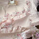 Rose Flowers Embroidery Lace Ruffles Luxury Bedding Set 1000TC Egyptian Cotton Duvet Cover Set Flat/Fitted Bed Sheet Pillowcases