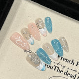 10Pcs Almond Handmade Press On Nails Bowknot Fake Nail Full Cover Metallic Glitter Spice Girl French Design Manicure False Nails